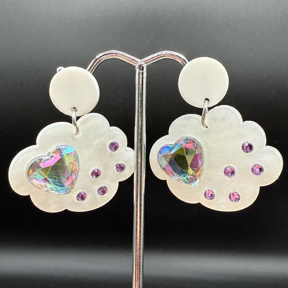 Sparkly Iridescent Acrylic Cloud Earrings with Purple Rhinestones - Pierced